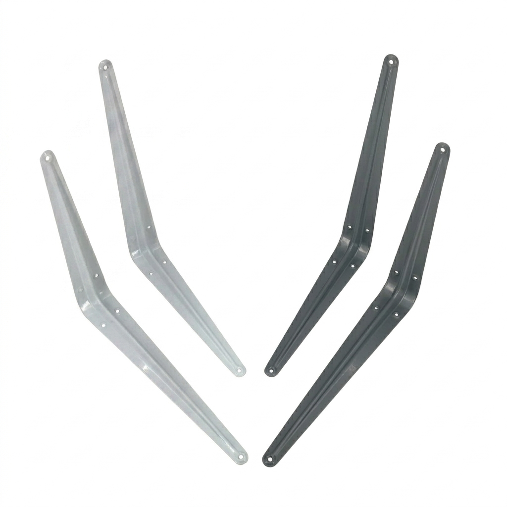 Two metal brackets, one silver and one black, on a white background.