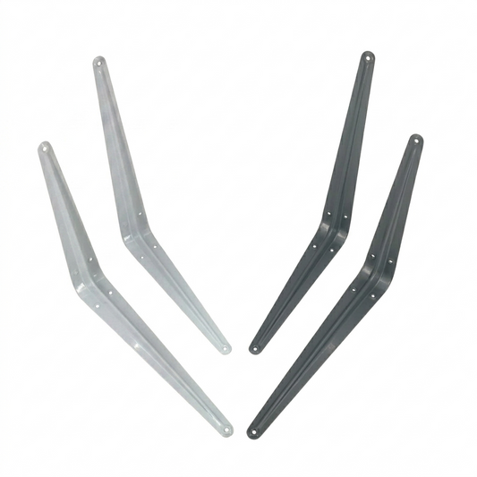 Two metal brackets, one silver and one black, on a white background.