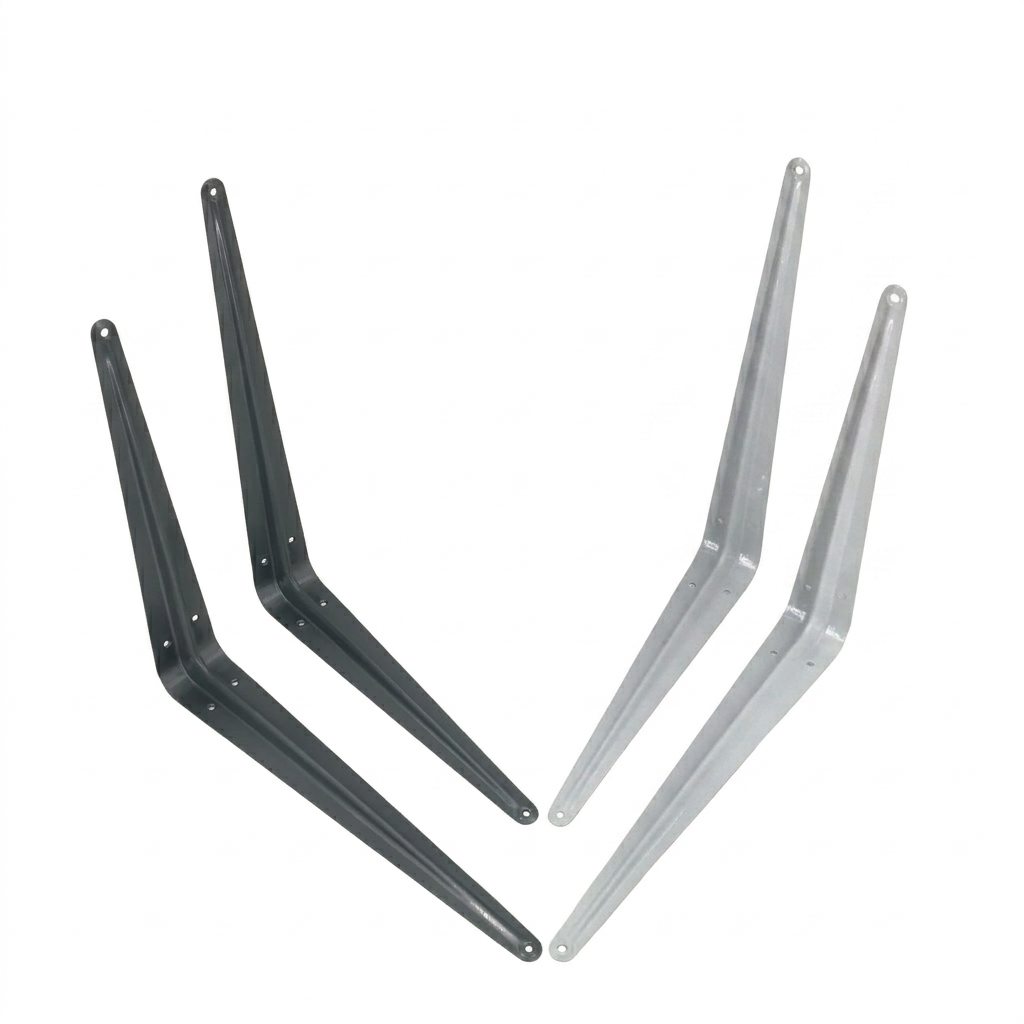 Two metal brackets, one black and one silver, on a white background.