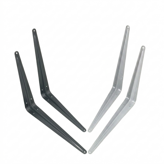 Two metal brackets, one black and one silver, on a white background.