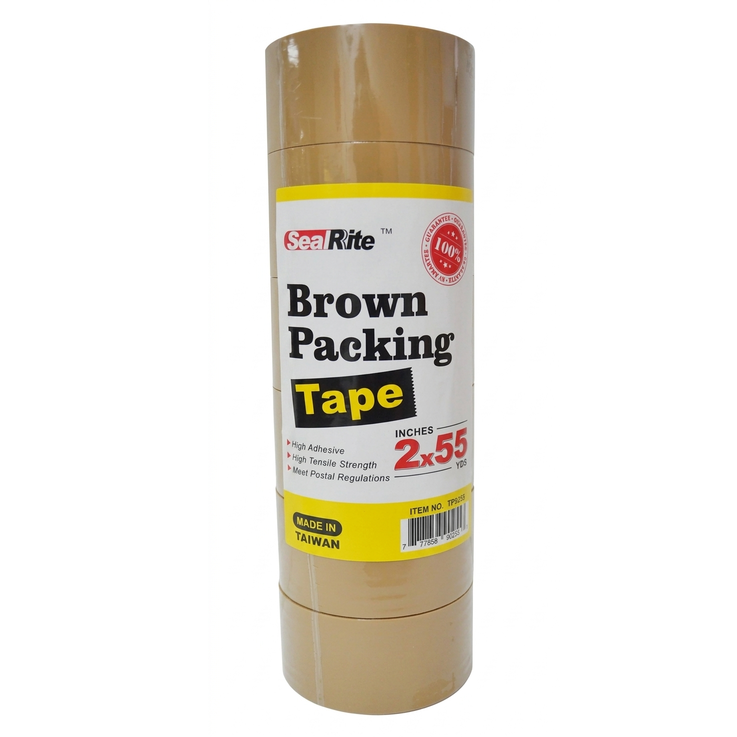 A roll of Seal Rite Brown Packing Tape in a cylindrical cardboard core, shown on a plain white background.