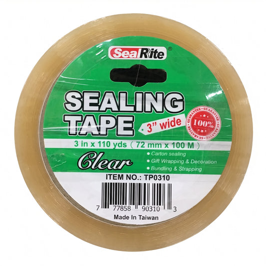 A roll of SealRite Clear 3-inch wide sealing tape on a white background, featuring a green and white paper label with product details.