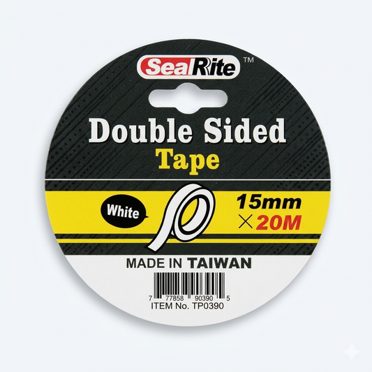 SealRite double-sided tape roll with specifications on a white background, 15mm x 20m in size, with product code TP0390-IM.