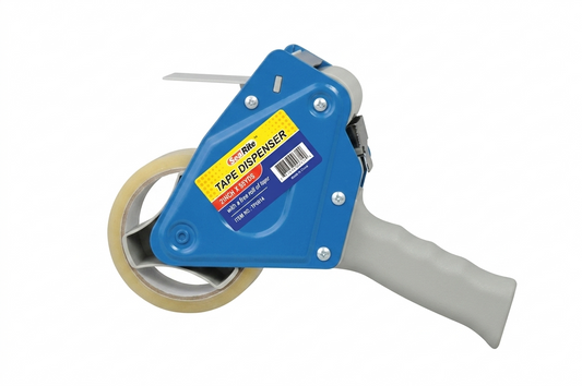 Blue tape dispenser with a roll of tape on a white background