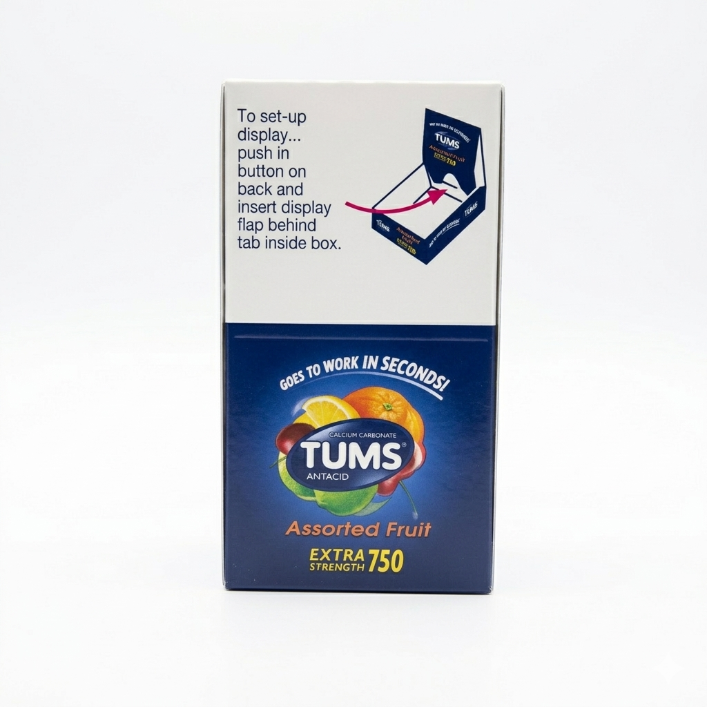 TUMS Antacid packaging for assorted fruit flavor on a white background
