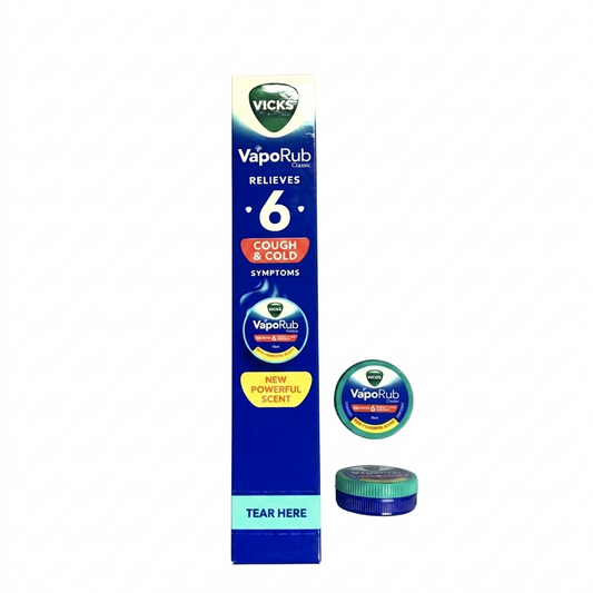 Vicks VapoRub packaging with a blue box and green jar on a white background