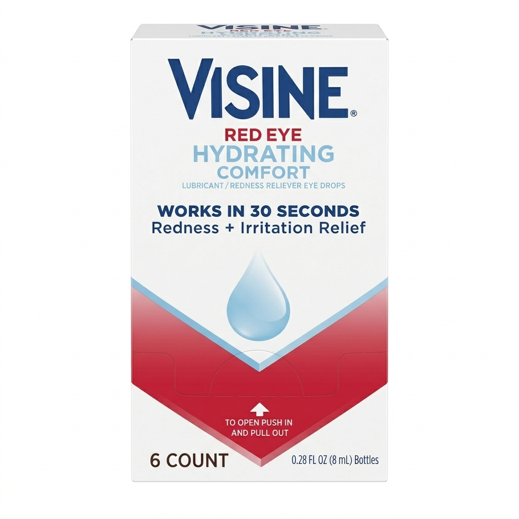 Visine Red Eye Hydrating Comfort eye drops packaging on a white background