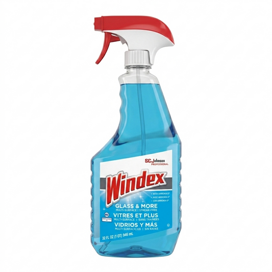 Windex glass cleaner bottle with red spray nozzle on a white background