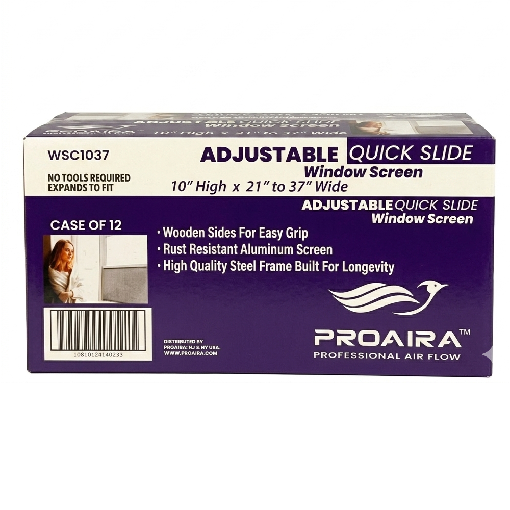 ProAira adjustable quick slide window screen packaging on a white background