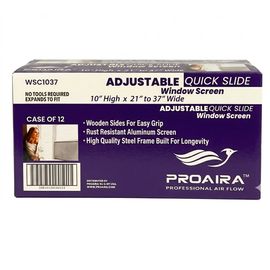 ProAira adjustable quick slide window screen packaging on a white background