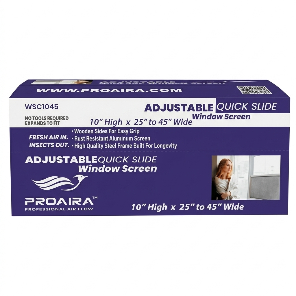 ProAira adjustable quick slide window screen packaging on a white background