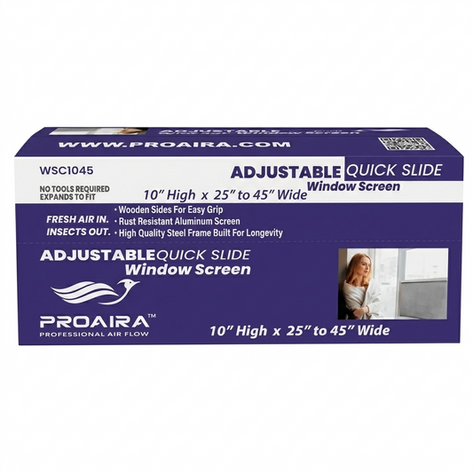 ProAira adjustable quick slide window screen packaging on a white background