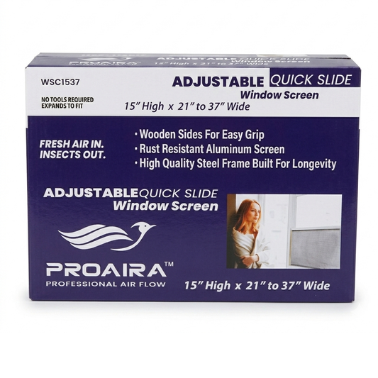 ProAira adjustable quick slide window screen packaging on a white background