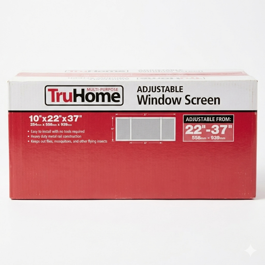 TruHome adjustable window screen packaging on a white background