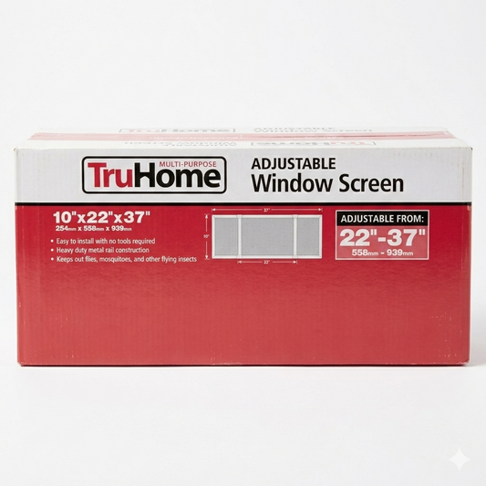 TruHome adjustable window screen packaging on a white background