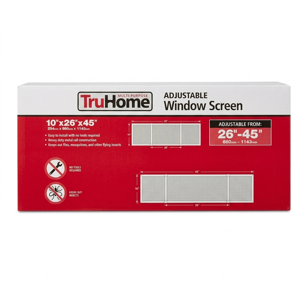 TruHome adjustable window screen packaging on a white background