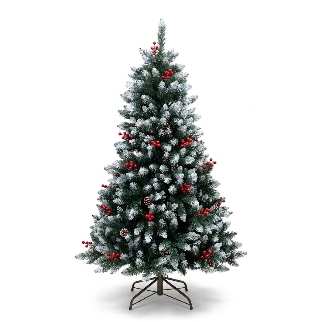 7' Frosted Artificial Christmas Tree with Red Berries & Natural Pinecones | Wholesale