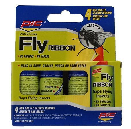 PIC Fly Ribbon packaging with two fly ribbons inside, on a blue and yellow background.