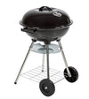 Front view of a 21-inch black charcoal kettle grill with wheels and bottom storage rack.