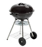 Front view of a 21-inch black charcoal kettle grill with wheels and bottom storage rack.