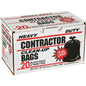 Box of heavy-duty contractor clean-up bags with black bags and twist ties on a white background