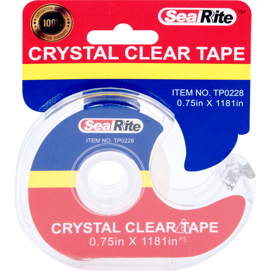 A roll of SealRite Crystal Clear Tape with product information and item number TP0228 displayed on the packaging.