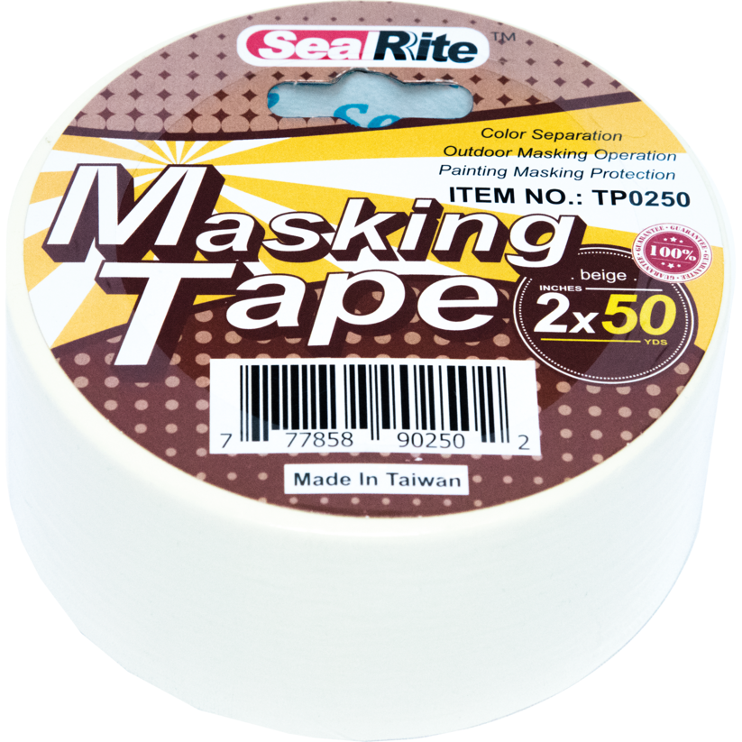 A roll of SealRite masking tape with product number TP0250, size 2 inches by 50 yards, designed for outdoor use and painting protection.