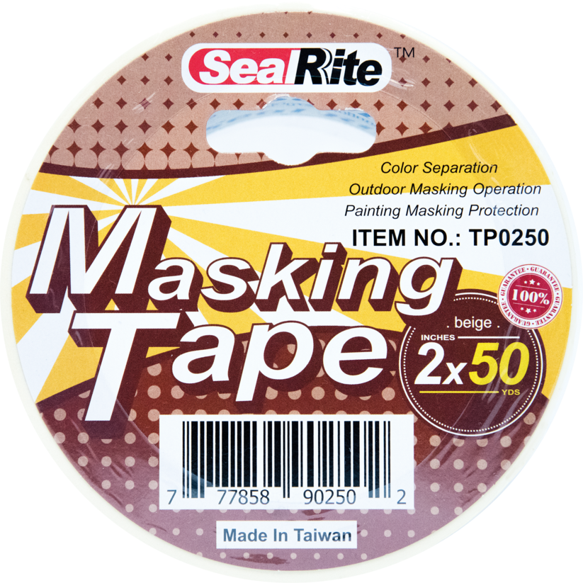 A roll of SealRite masking tape with product number TP0250, size 2 inches by 50 yards, designed for outdoor use and painting protection.